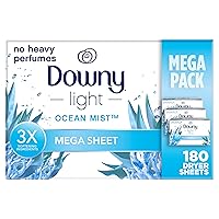 Downy Light Mega Dryer Sheets, Fabric Softener Dryer Sheets, Ocean Mist, 180 Count