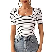 Milumia Women's Striped Puff Short Sleeve Tees Square Neck Ruched Fitted T-Shirts Tops