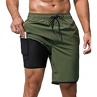Mens Swim Trunks with Compression Liner 9 Inch Quick Dry Bathing Suit Board Shorts with Zipper Pockets