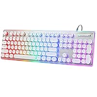 ANSWK Typewriter Style Keyboard with Metal Panel, Rainbow LED Backlit, Round Keys, Anti-ghosting, Spill Resistant, Light Up USB Wired Retro 104 Keys for Office/Gaming, White/Silver