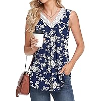 ALIGADUO Womens Summer T-Shirts V-Neck Lace Collar Casual Tank Tops Sleeveless Loose Fit Pleated Cute Tunic Tee
