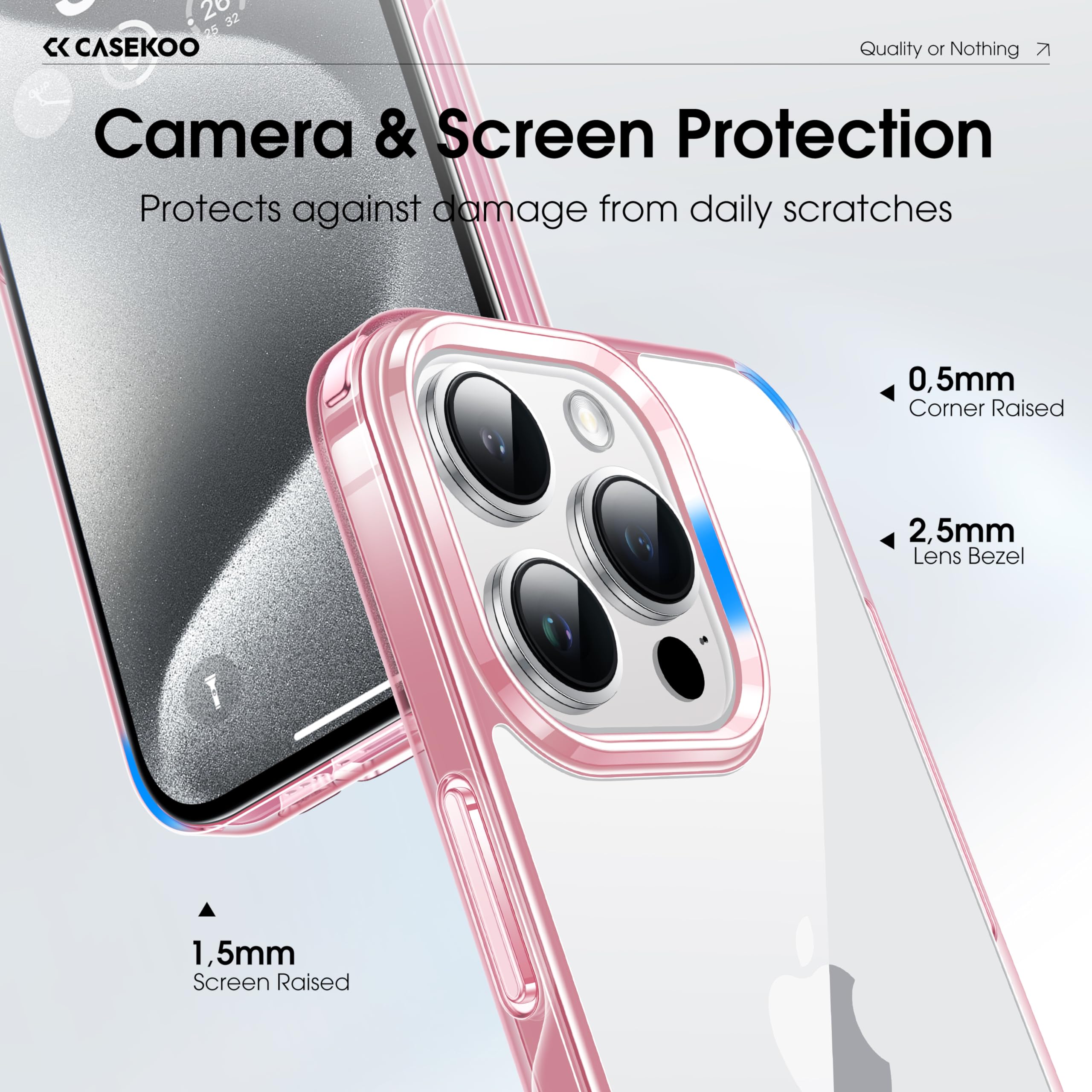 CASEKOO for iPhone 15 Pro Case Crystal Clear, [Never Yellow Technology] [10FT Mil-Grade Protection] Transparent Slim Cover Women Men 15 Pro Phone Case 6.1 inch 2023, Pink