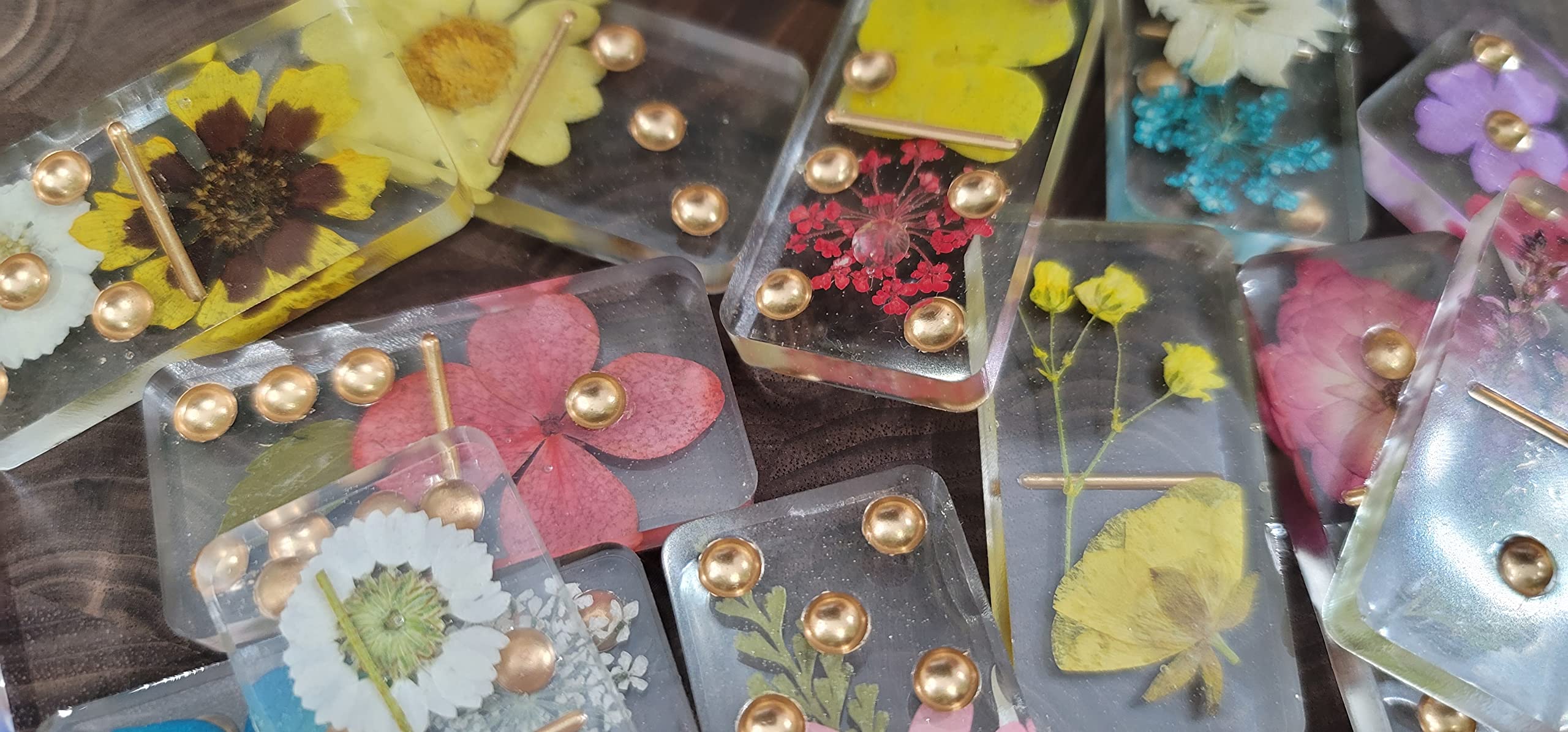 Handmade Resin Art Dried Pressed Flowers Transparent Clear with Gold Dots Dominoes Set, Domino Double 6 Custom, Personalized, Gift, Games Dots, Multicolor