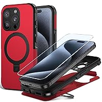BEASTEK iPhone 15 Pro Case, Military Shockproof Cover with Built-in Magnetic Kickstand Ring [MagSafe Compatible] and Anit-Scratch Tempered Glass Screen Protector, for iPhone 15 Pro (Red)