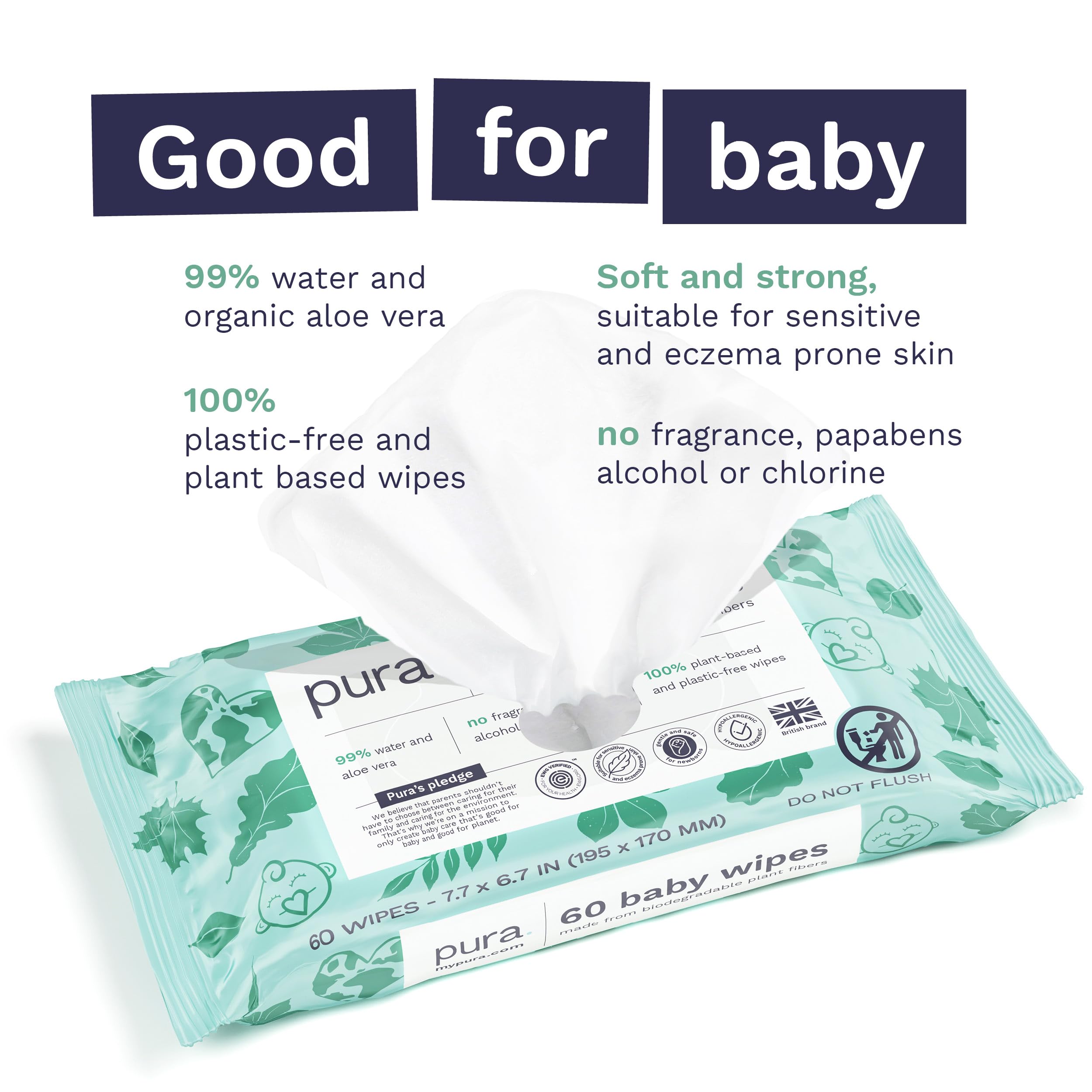 Pura Baby Wipes 10 x 60 Wipes (600 Wipes), 100% Plastic-Free & Plant Based Wipes, 99% Water, Suitable for Sensitive & Eczema-prone Skin, Fragrance Free & Hypoallergenic, EWG, Cruelty Free