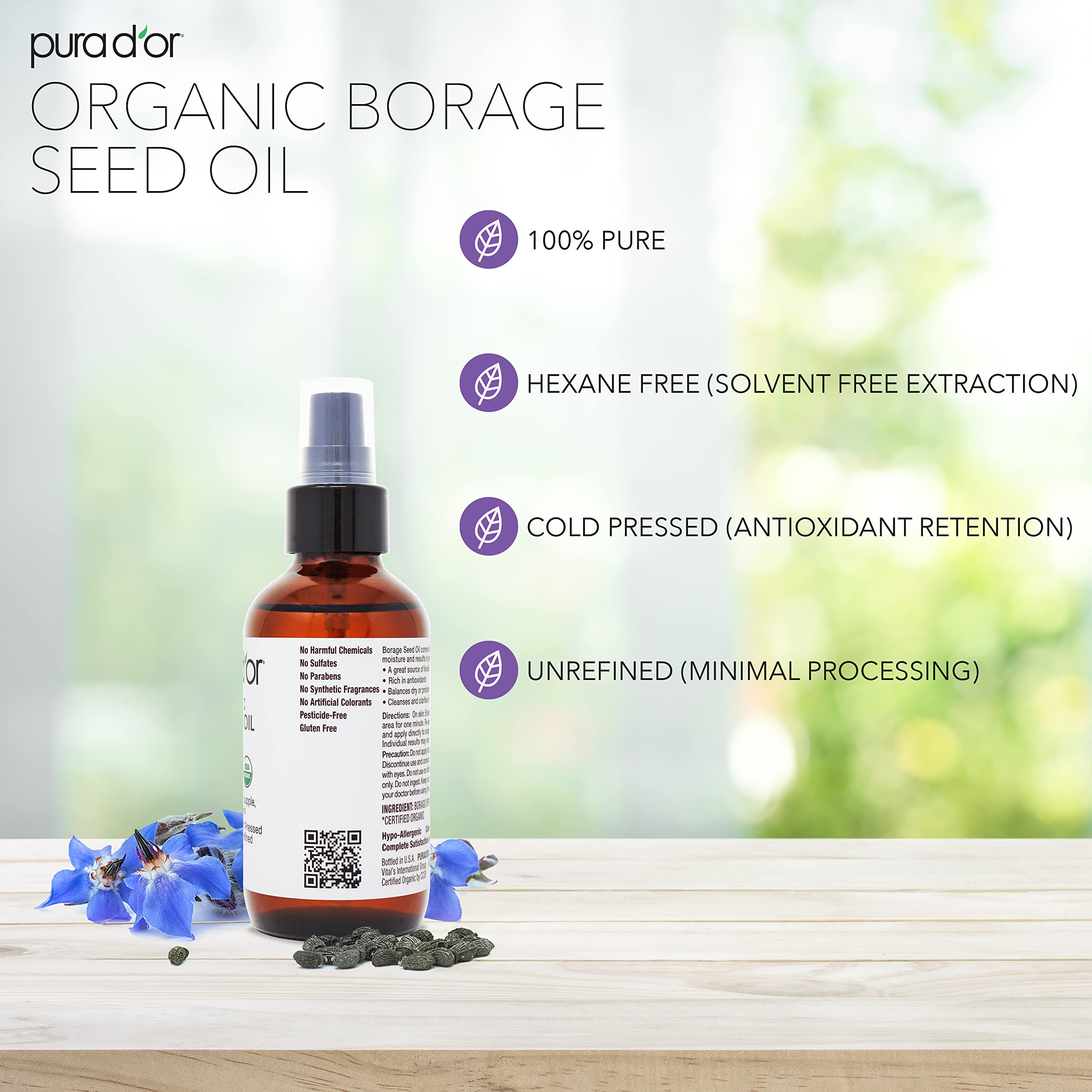 PURA D'OR Organic Borage Seed Oil (4oz / 118mL) 100% Pure USDA Certified Premium Grade Natural Moisturizer, Cold Pressed, Unrefined, Hexane-Free Base Carrier Oil for DIY Skin Care For Men & Women