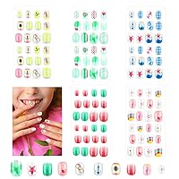Girls Press on Nails, 120 Pieces 5 Pack Press on Nails Kids Square Short Full Cover Fake Nails Kids Cartoon Cute Pattern Kid Press on Nails for Girls