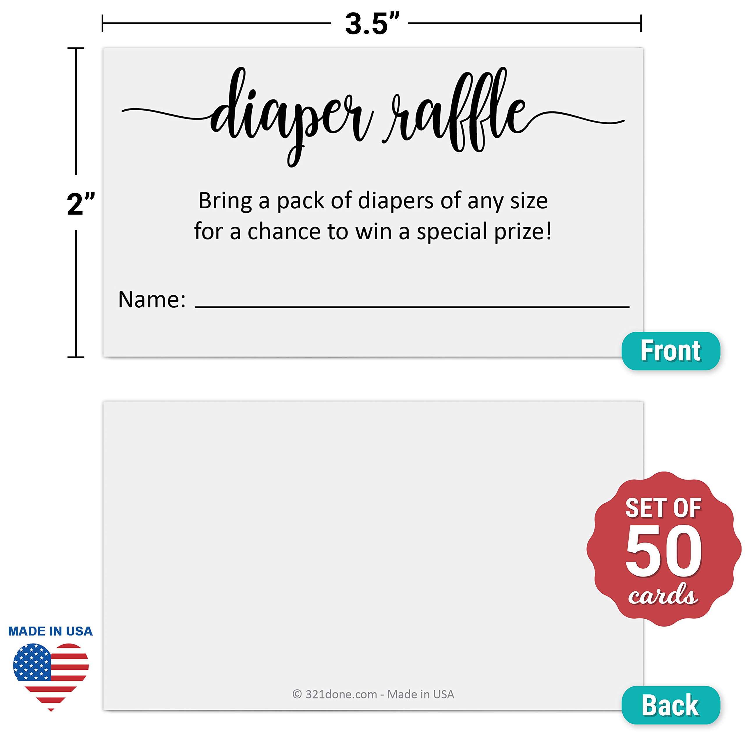 321Done Diaper Raffle Tickets (Set of 50) 3.5x2 with Name Line, Baby Shower Game, Enter to Win Drawing, Prize, Small White - Made in USA