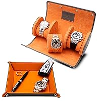 Saffiano Leather Watch Roll Travel Case Bundle - Watch Roll Case For 3 Watches & Vegan Saffiano Leather Travel Valet in Slate Grey