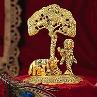 Lord Krishna with Cow and Calf Idol | Brass, Golden | 6.6 Inch | Krishna Statue Small Hindu God Idols for Home Decor, Office Desk, Pooja, Mandir, Temple, Indian Gifts, Housewarming