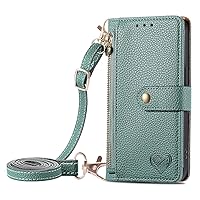 XYX Wallet Case for Samsung A23 5G, RFID Blocking Crossbody Chain Zipper Purse Wrist Strap Love Heart Leather Case with 7 Card Holder for Galaxy A23 5G, Green