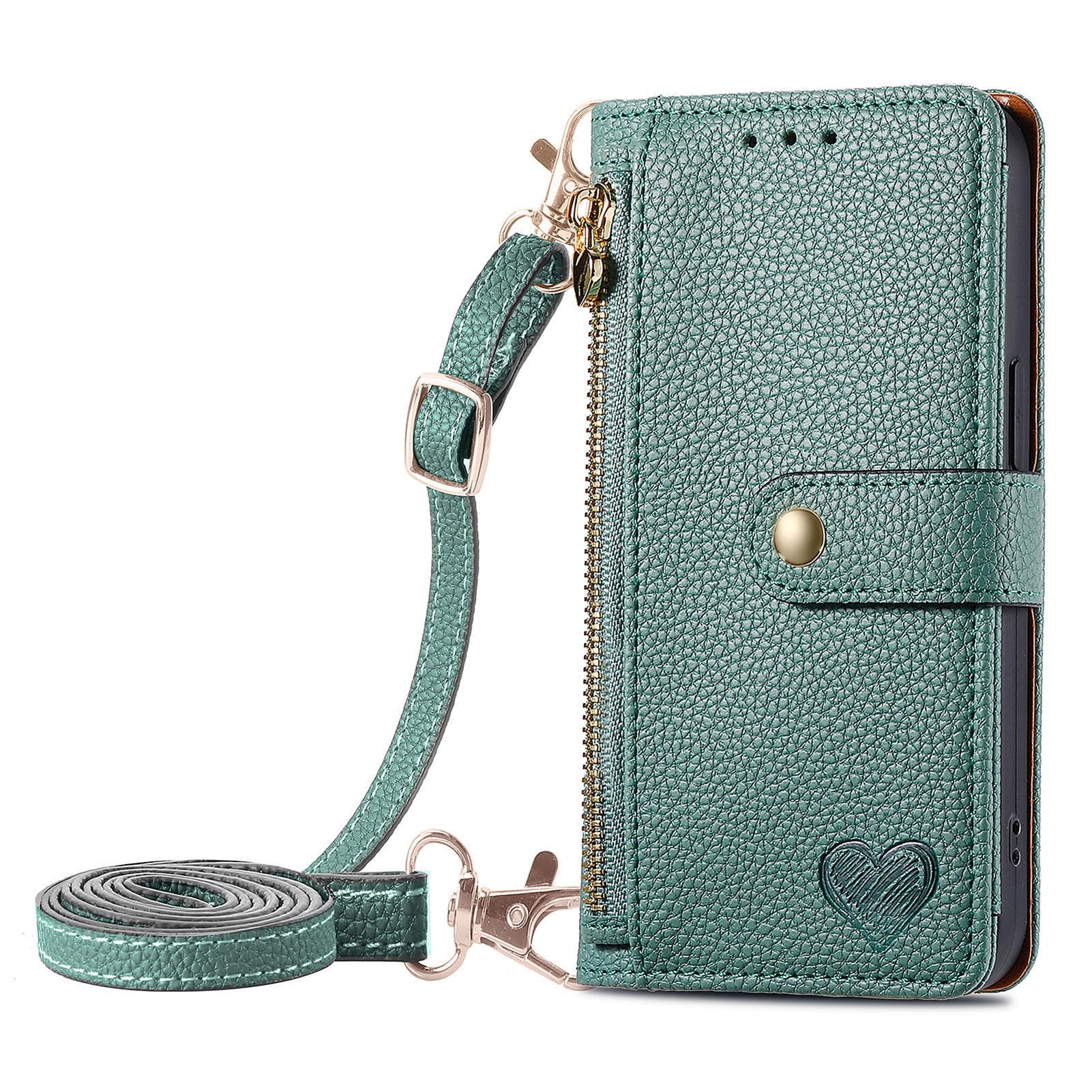 XYX Wallet Case for Samsung A25 5G, RFID Blocking Crossbody Chain Zipper Purse Wrist Strap Love Heart Leather Case with 7 Card Holder for Galaxy A25 5G, Green