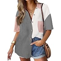 HOTOUCH Linen Shirts for Women Cotton Button Down Shirt Short Sleeve Loose Fit Collared Casual Work Blouse Tops S-XXL