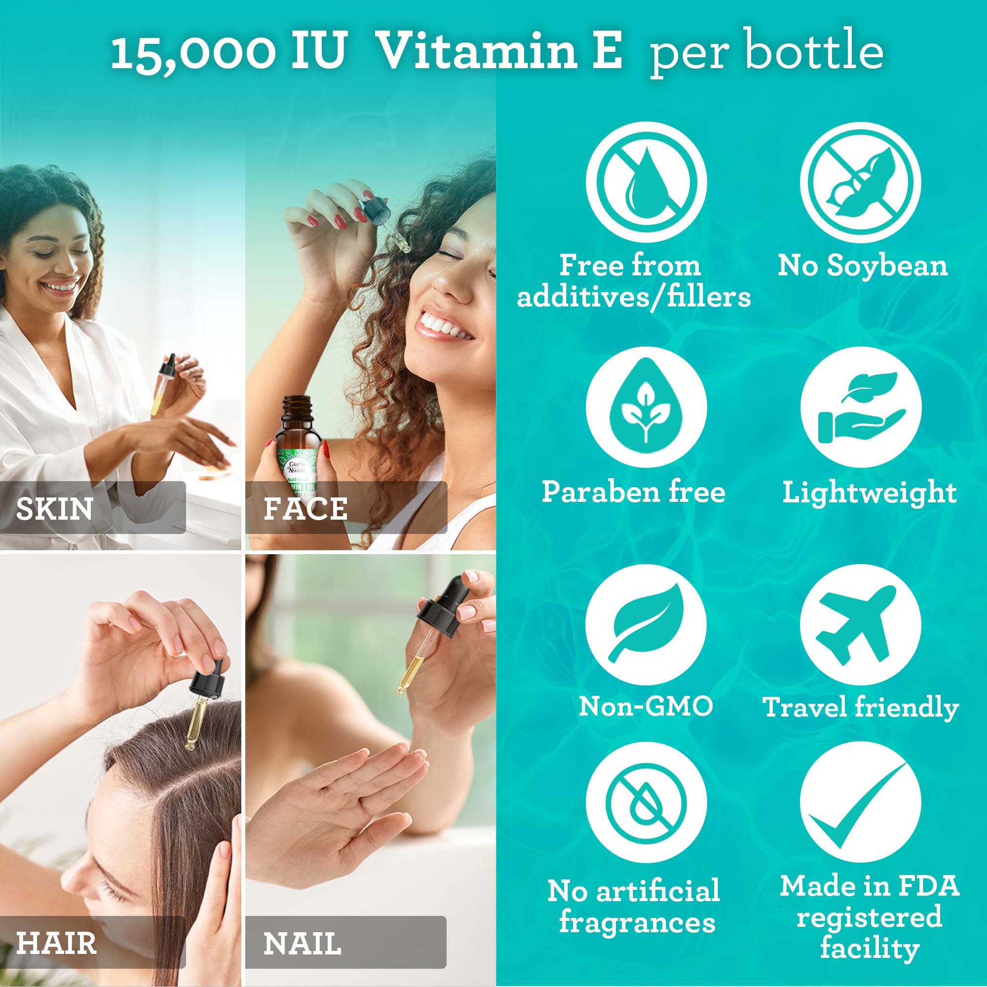 GuruNanda Vitamin E Oil (2 Fl Oz) - 100% Pure & Natural, 15,000 IU per Bottle for Skin, Hair, Face, Nails & Scars - With Coconut Oil to Help Nourish & Moisture - Non-GMO, Vegan & No Soybean