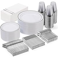 GATHER 350pcs White and Silver Plastic Plates with Disposable Silverware for Party&Wedding&Mother's Day, including 50 9inch Dinner Plates, 50 6.3inch Salad Plates 50 Napkins with 150 Silverware 50 Cup
