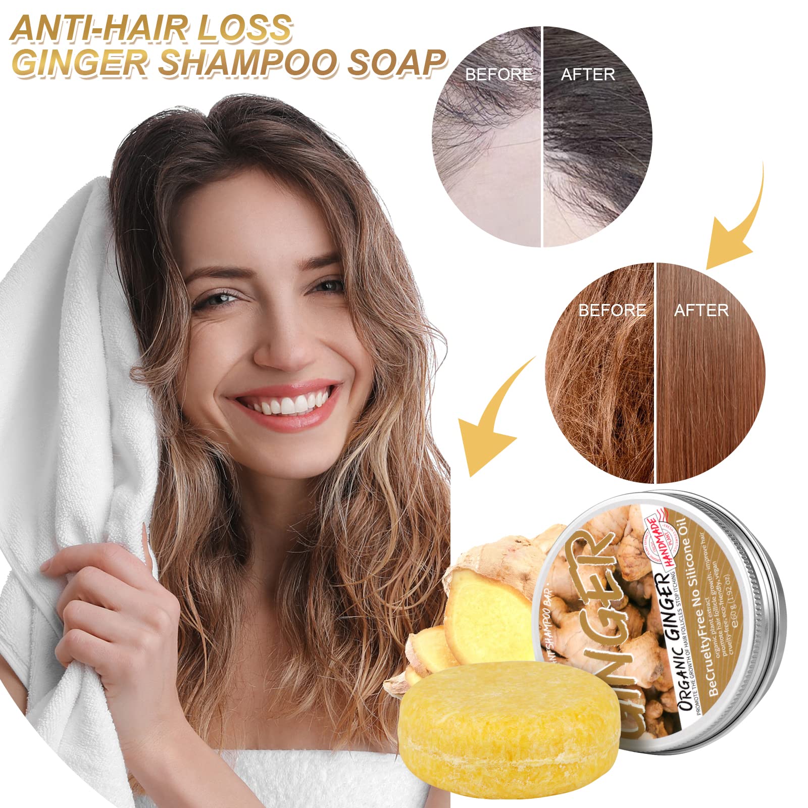 3Pcs Ginger Hair Regrowth Shampoo Bar, Anti-hair Loss Ginger Shampoo Soap, Natural Organic Ginger Shampoo Bar, Promotes Hair Growth Ginger Shampoo Soap for All Hair Types and Ages