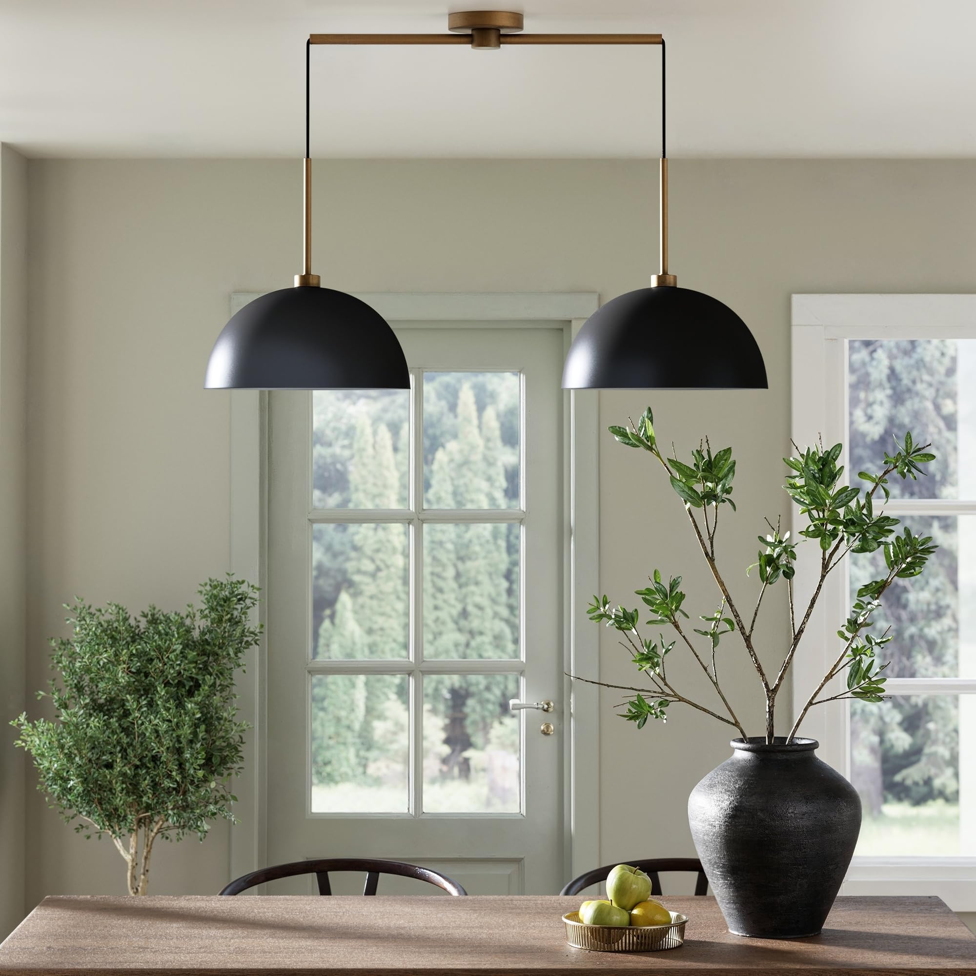 Nathan James Percy Modern 2-Light Pendant Island Light Fixture, Hanging Lights with Metal Shade and Adjustable Cord, for Kitchen, Living Room, Black/Vintage Brass