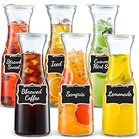 Set of 6 Glass Carafe with Lid, 1 Liter Beverage Serveware Carafe, Clear Glass Pitcher for Mimosa Bar, Brunch, Cold Water, Juice, Milk, Iced Tea, Lemonade