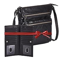 Wise Owl Accessories Leather Crossbody Bags and Purses for Women Bundled with RFID Blocking Bifold Long Wallet Credit Card Case (Black Vintage Set of 2)