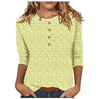 Summer Tops for Women, 3/4 Sleeve Casual Cute Tees Button Crew Neck Print Blouses Plus Size Basic Fashion Shirts