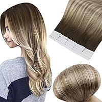 Full Shine 24 Inch Tape in Hair Extensions Human Hair Color 3 Fading to 8 and 22 Blonde Highlighted Balayage Tape Hair Extensions Skin Weft Tape in Extensions Adhesive Hair Extensions 50Gram 20 pieces