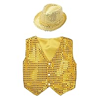 Kids Boys Sequin Dance Waistcoat with Hat Set for Jazz Hip Hop Dance Performance Costume Dancewear Fancy Party Outfits Gold 3-4 Years