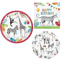 Party Animals Birthday Party Supply Pack | Zoo Animal Theme Party Bundle | Paper Dinner and Dessert Plates and Napkins for 8 People