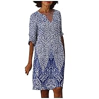 Sequin Dress, Boho Dresses for Women 2024 Maxi Dresses for Women 2024 V-Neck Dress Ladies 2024 Half Sleeve Loose Vintage Floral Leaf Print Trendy Women's Breathable Daily for (Dark Blue,3X-Large)