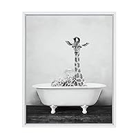 Sylvie Giraffe 2 in the Tub Framed Canvas Wall Art by Amy Peterson, 18x24 White, Whimsical Animal Art for Wall