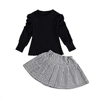 Baby Toddler Girls Outfits Puff Sleeve Shirts Sweater Top and Pleated Mini Skirts Set Kids Girls 2 Piece Clothes