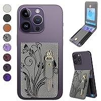 Card Holder Zipper Kickstand Phone Stick on Wallet for Back of Phone Pouch Adhesive for iPhone/Samsung/Moto/BLU/Nokia and Most Phones(Floral Gray)