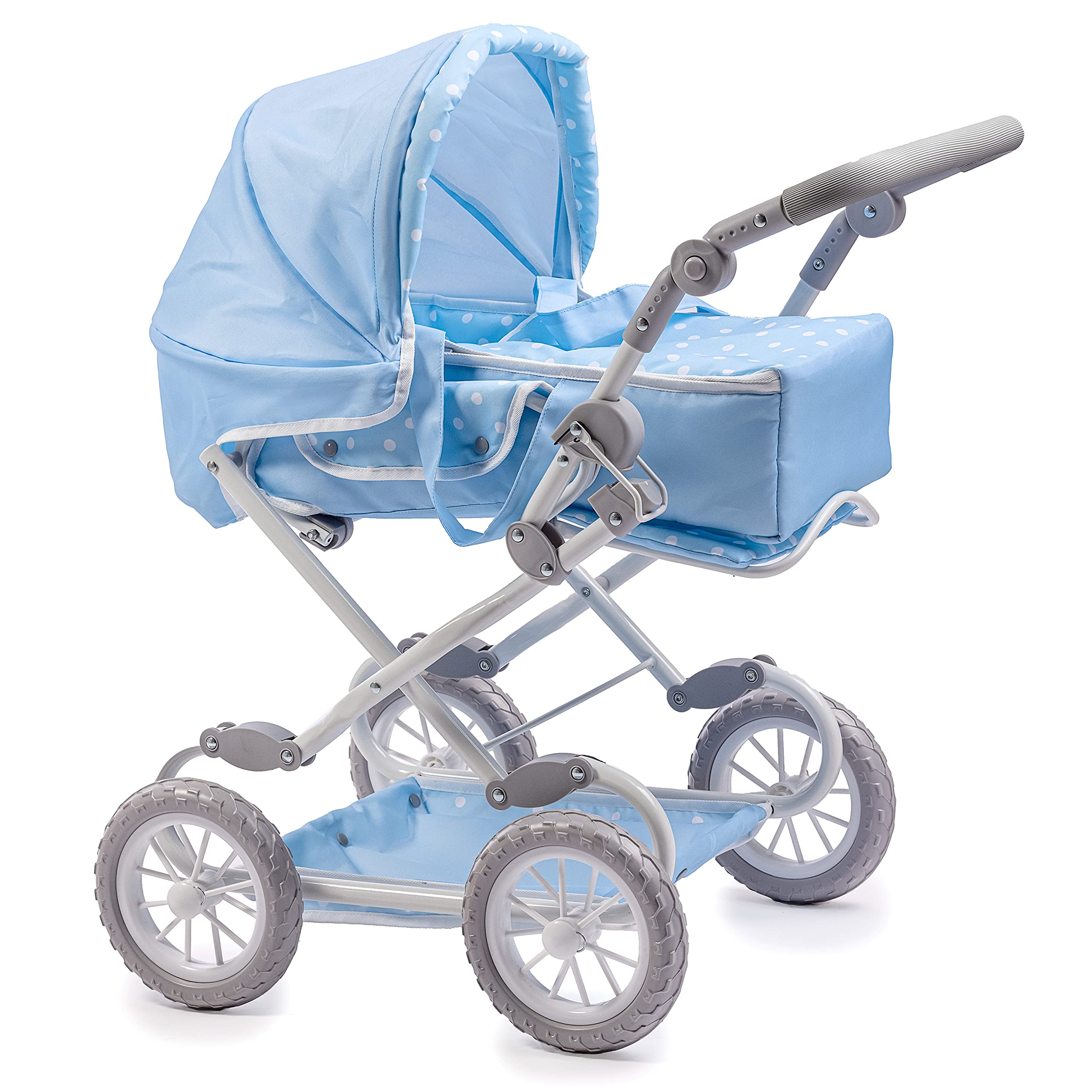 JC Toys | Berenguer Boutique | Deluxe Foldable Baby Doll Stroller with Canopy | Removable Carry Basket | Blue | Ages 3+