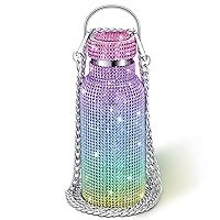 Diamond Insulated Water Bottle Bling Rhinestone Stainless Steel Refillable Glitter Thermal Bottle with Chain for Women Girls Gifts (Rainbow, 500 ml)