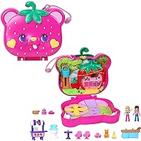 Polly Pocket Dolls and Playset, Travel Toy with Fidget Exterior, Straw-Beary Patch Compact with 12 Accessories
