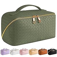 SFXULIX Large Capacity Travel Cosmetic Bag - Makeup Bag, PU Leather Waterproof Cosmetic Bag, Women Portable Travel Makeup Bag With Handle and Divider Flat Lay Makeup Organizer Bag (Green)