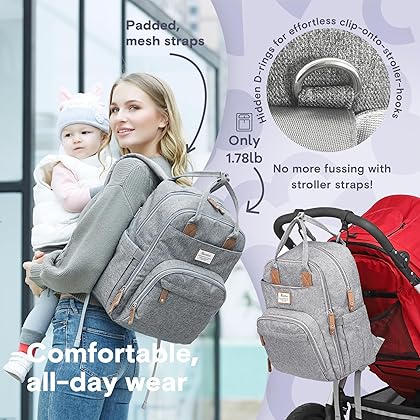 RUVALINO Diaper Bag Backpack, Multifunction Travel Back Pack Maternity Baby Changing Bags, Large Capacity, Waterproof and Stylish, Gray