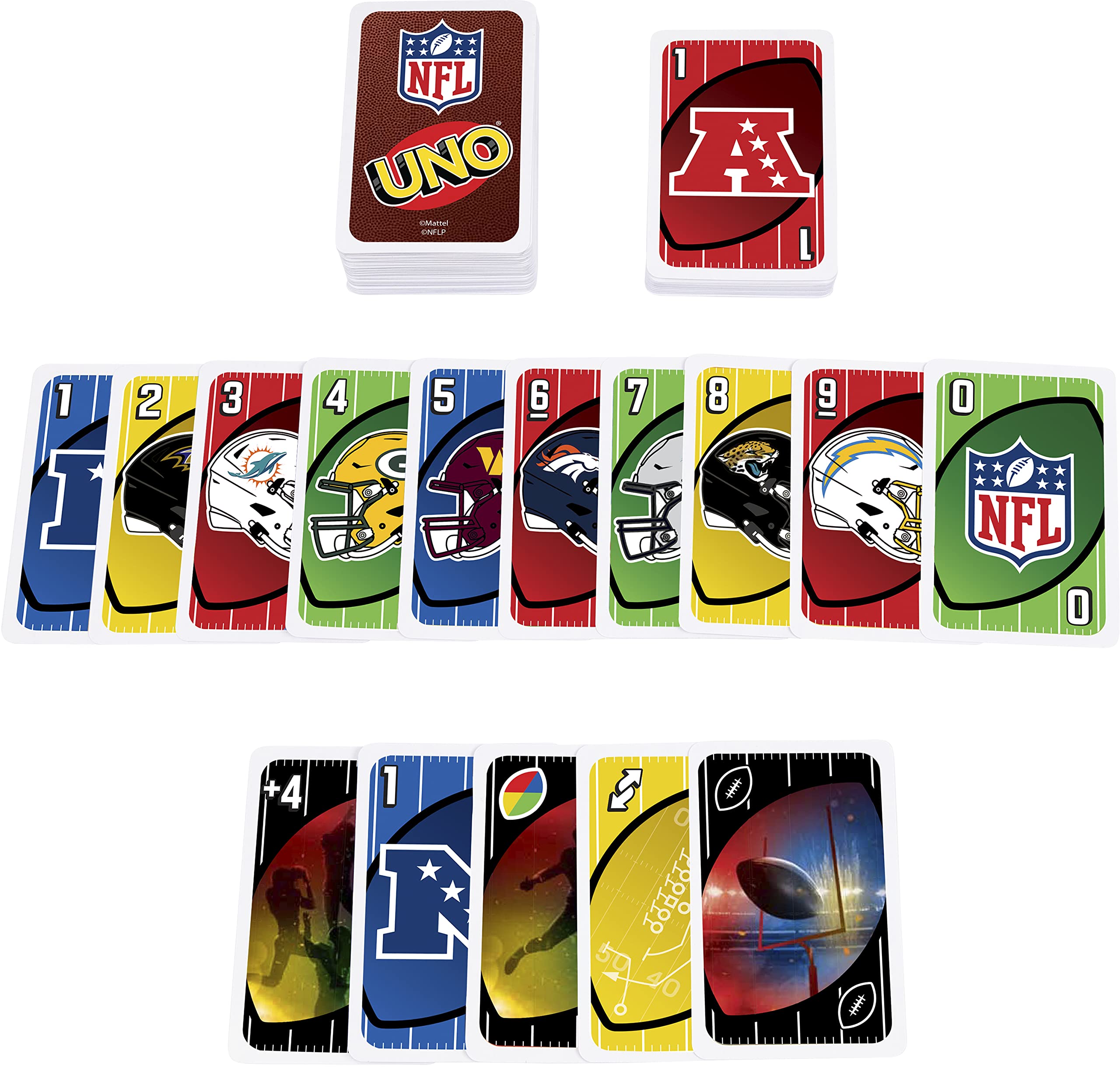 Mattel Games UNO NFL Card Game for Kids & Adults, Travel Game with NFL Team Logos & Special Rule in Storage Tin Box