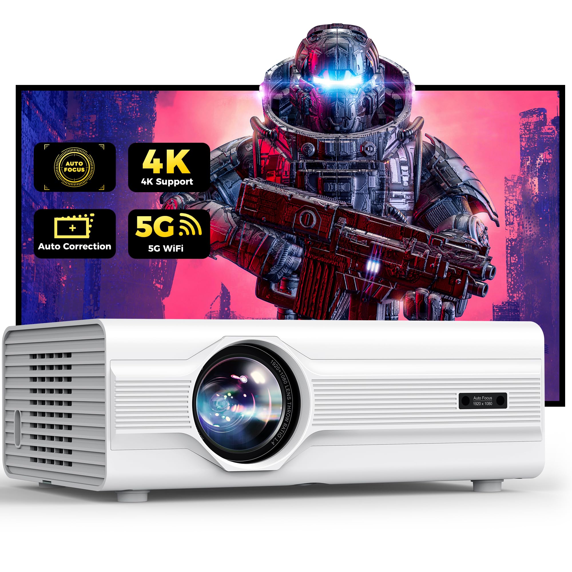 [Auto Focus/Keystone] Projector with WiFi 6 and Bluetooth 5.2, Native 1080P 4K Supported, Agreago Outdoor Projector with Screen, Home Projector Compatible with PowerPoint/iOS/Android/HDMI/USB/TV Stick