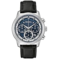 Bulova Men's Classic Sutton 6-Hand Chronograph Quartz Silver Stainless Steel Case Watch with Black Leather Strap, Blue Dial, 44mm Style: 96B420