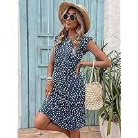 Summer Dresses for Women 2022 Polka Dot Keyhole Neck Frill Trim Tunic Dress Dresses for Women (Color : Blue, Size : Medium)