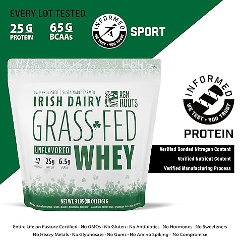 Grass Fed Whey Protein Powder Isolate - Unflavored - Unsweetened - Certified Entire Life On Pasture - A Greener World - ASPCA Registered Brand List - Informed-Sport - 3lbs