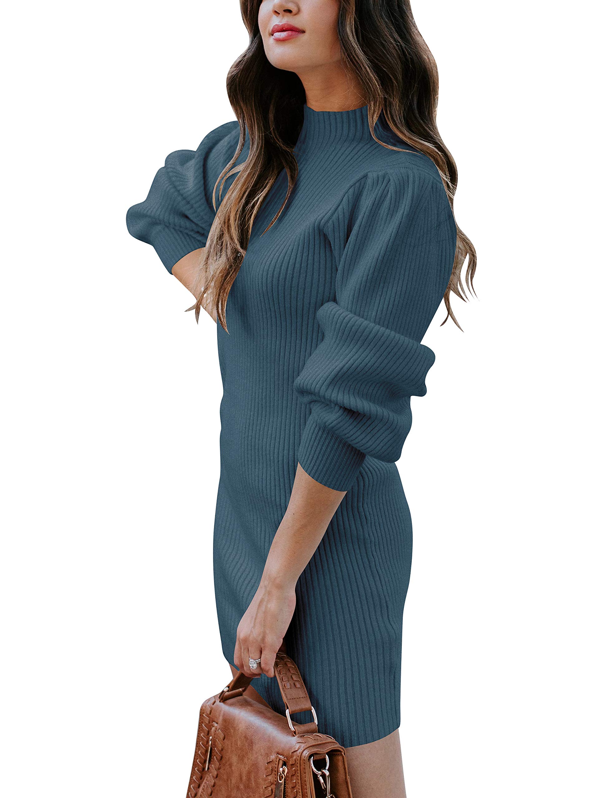 Caracilia Women Turtleneck Long Sleeve Knit Pullover Sweater Bodycon Mini  Dress