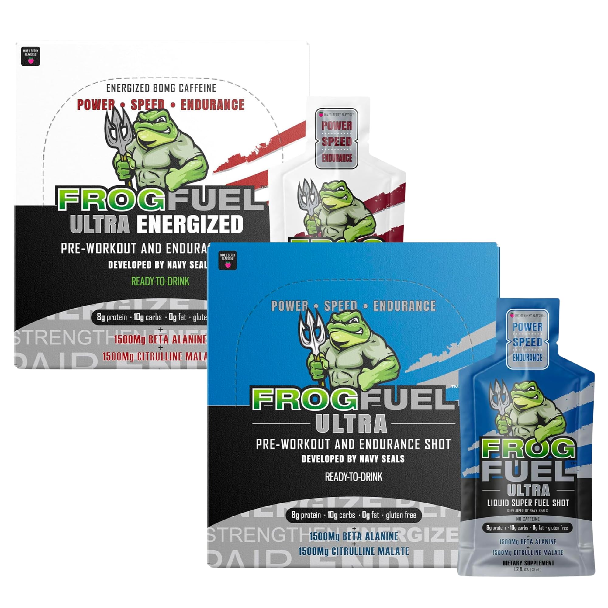 Frog Fuel Ultra & Ultra Energized Pre Workout Shot Bundle with 1500mg Beta Alanine, Electrolytes 8g Protein Nano-Hydrolyzed Grass Fed Collagen, 10g Carbs, Berry, 1.2 oz Packets, 48 Pack