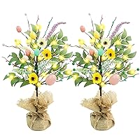 2 Pcs Easter Decorations, 19.6In Easter Egg Tree Tabletop Decor with LED Lights Easter Centerpiece Table Decorations with Delicate Ornaments for Spring Home Wedding Party