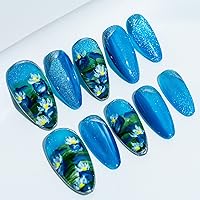 Sun&Beam Nails Handmade Medium Long Almond Blue False Nail Tips with Cute 3D Flower Popular Charm Design Press On Nails 10 Pcs (#27 M)