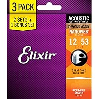 Elixir® Strings 16545 Acoustic Phosphor Bronze Guitar Strings with NANOWEB® Coating, 3 Pack, Light (.012-.053)