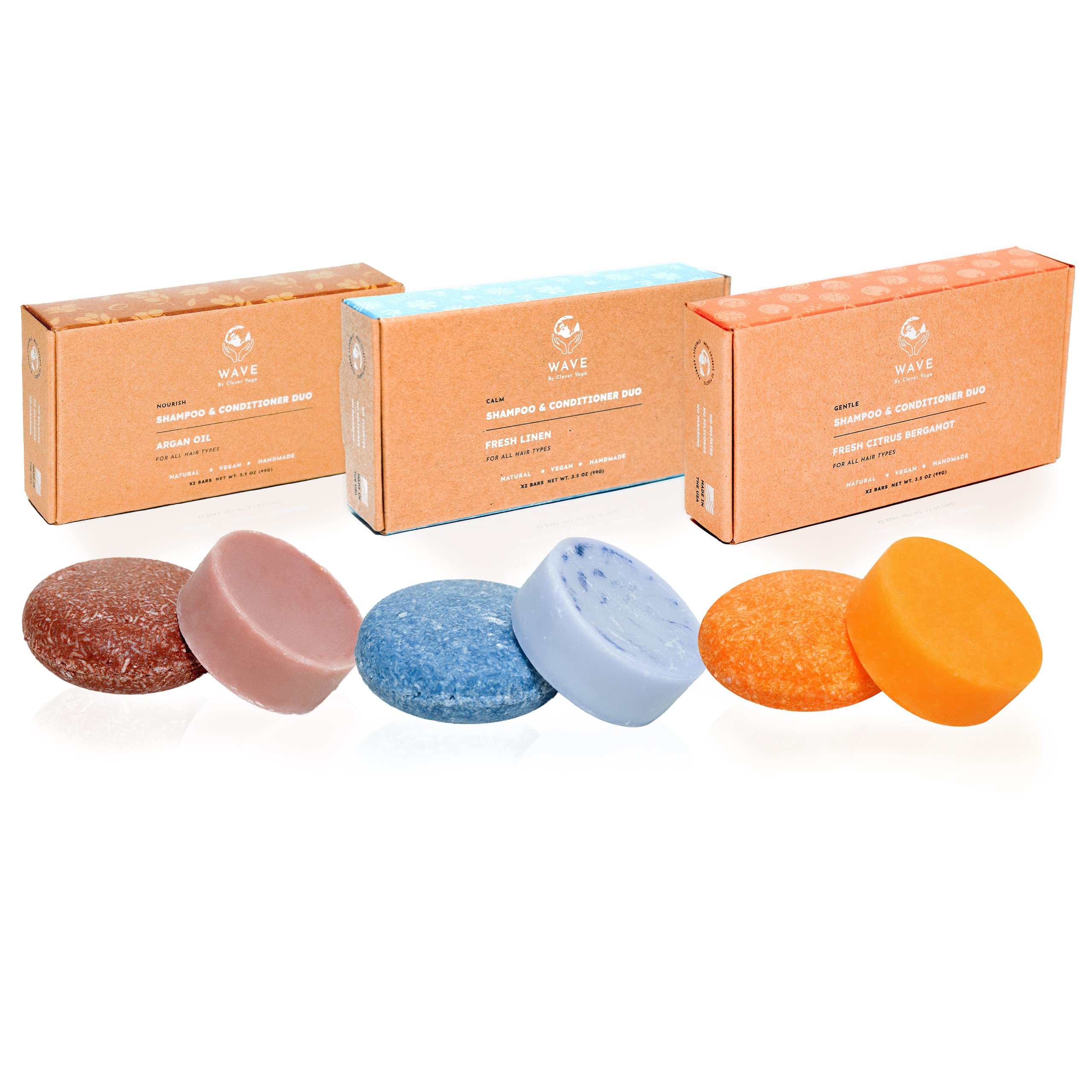 Shampoo and Conditioner Solid Bars 3 Combo Packs - Argan, Citrus and Fresh and Clean