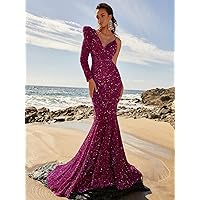 Dresses for Women - Asymmetrical Neck Sequin Prom Dress (Color : Hot Pink, Size : Large)