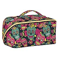 Halloween Sugar Skull Day Of The Dead Cosmetic Bag for Women Travel Makeup Bag with Portable Handle Multi-functional Toiletry Bag Zipper Pouch Travel Cosmetic Organizer for Women Makeup Beginners
