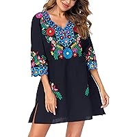 YZXDORWJ Women Embroidered Mexican V Neck Floral Dress Long Sleeve Floral Traditional Bohemian Dress